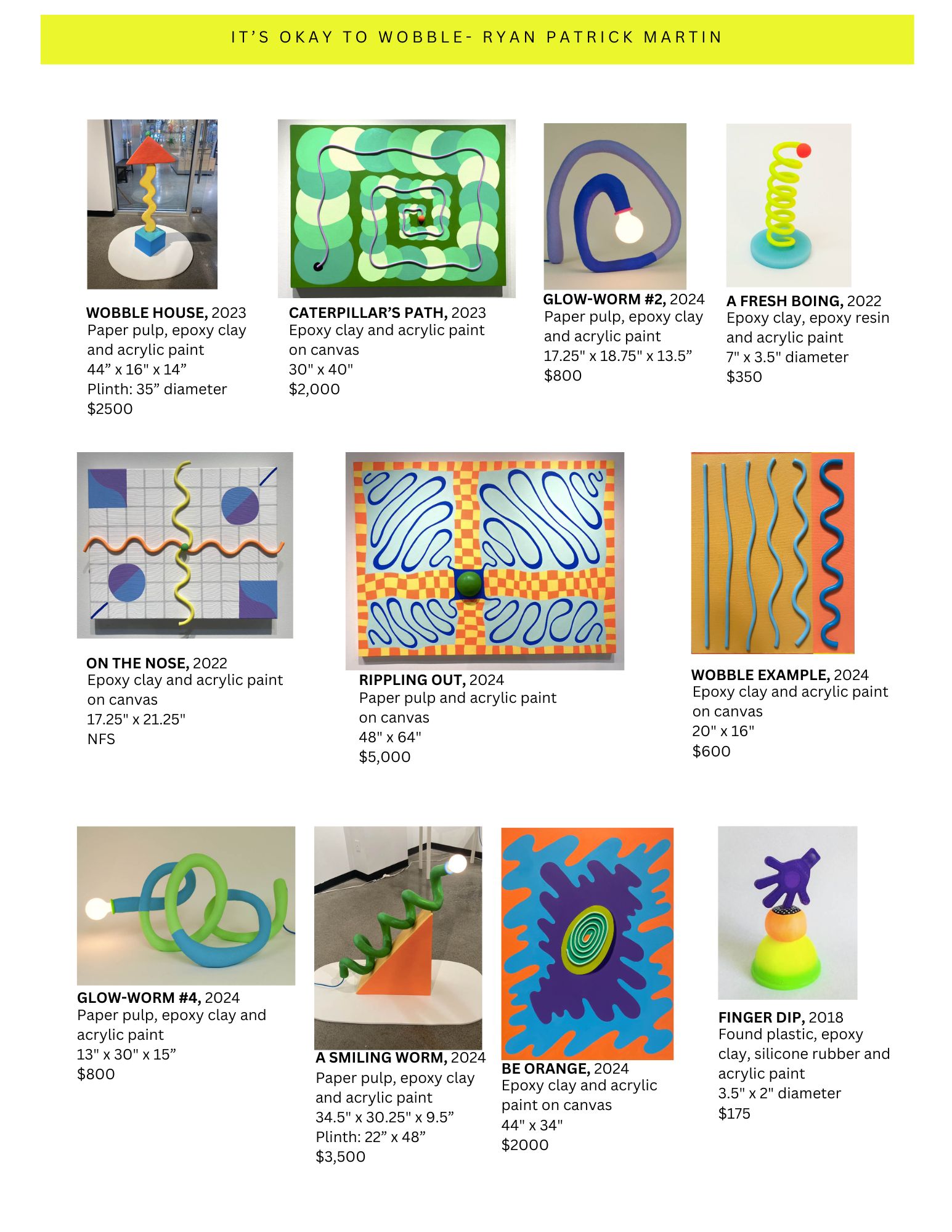 Ryan Patrick Martin catalog of artwork from It's okay to wobble exhibit