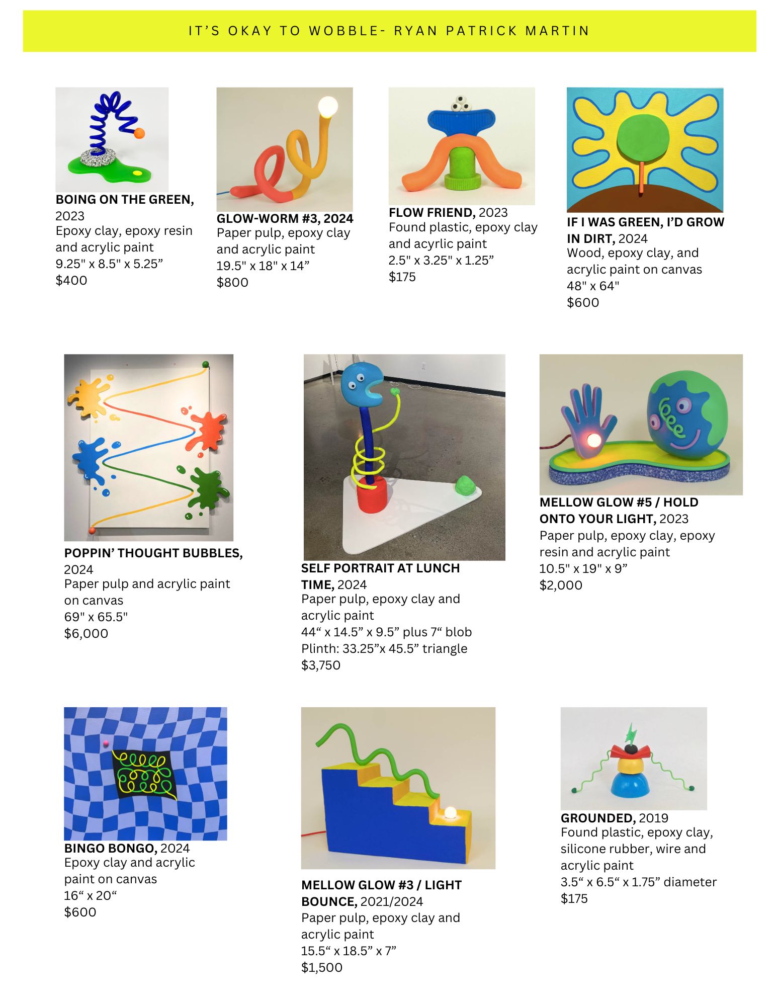 Ryan Patrick Martin catalog of artwork from It's okay to wobble exhibit