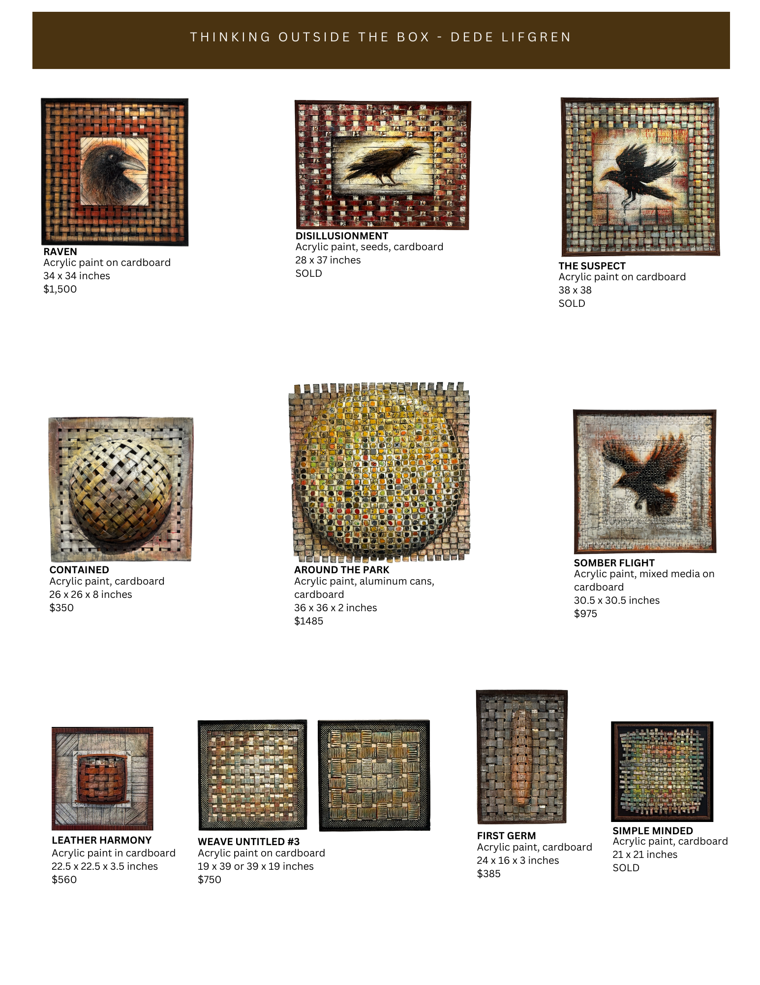 Dede Lifgren catalog of available artwork from her solo show, Thinking Outside the Box at Arbor Gallery in Carmel, NY.