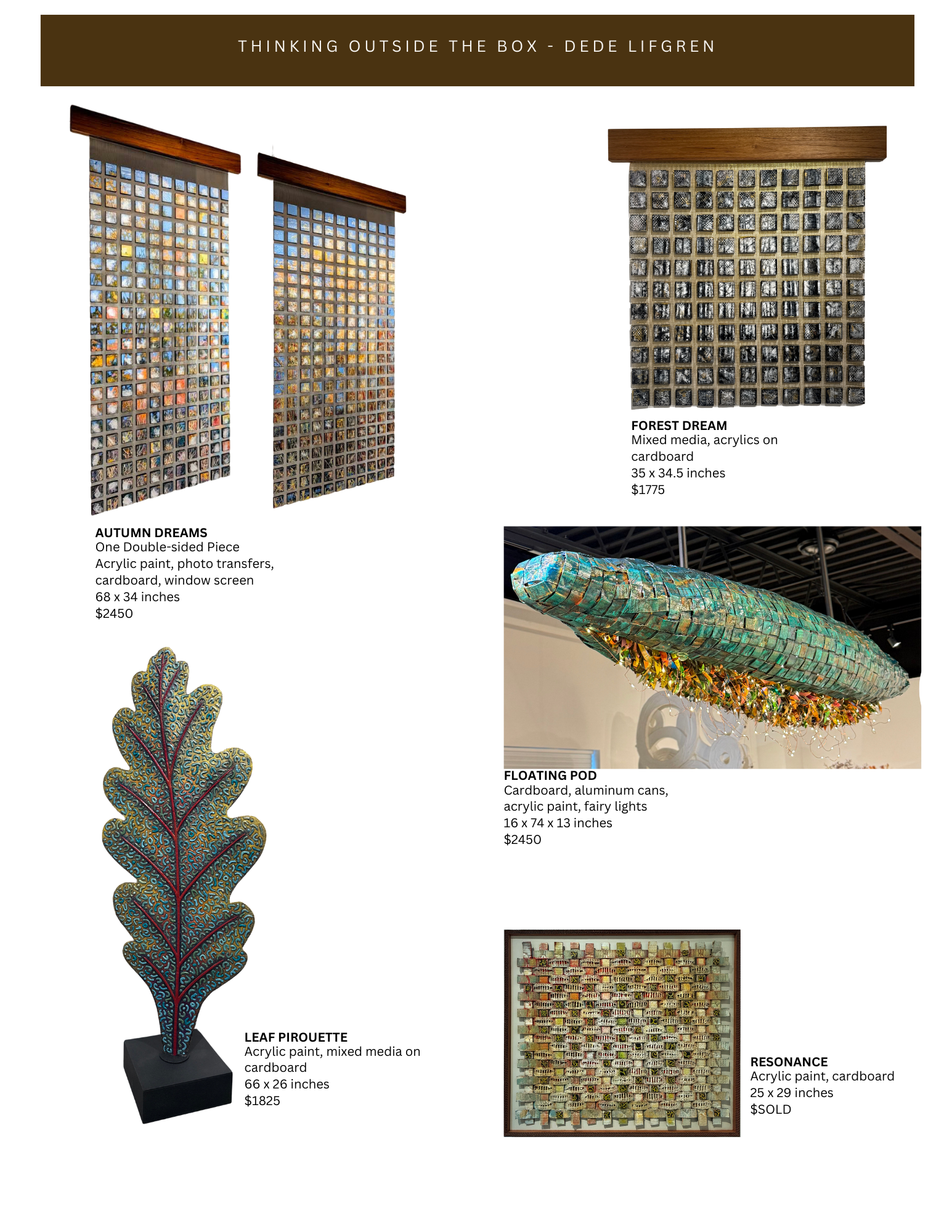 Dede Lifgren catalog of available artwork from her solo show, Thinking Outside the Box at Arbor Gallery in Carmel, NY.