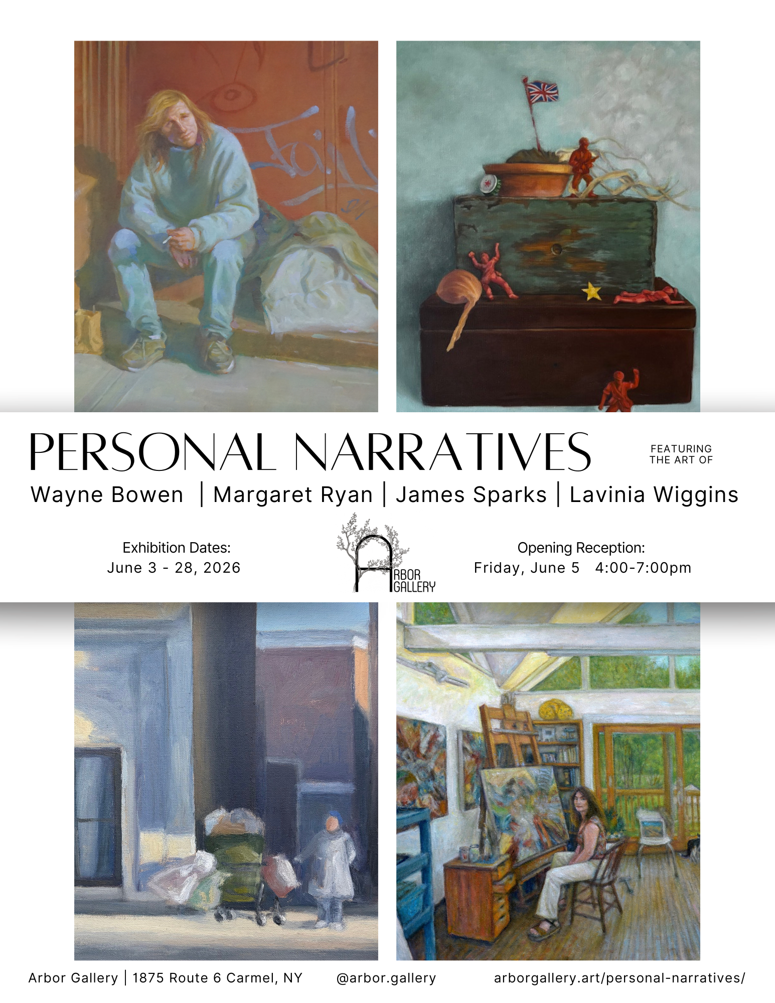 Flyer for Personal Narratives at Arbor Gallery in Carmel, NY, featuring contemporary artwork by Wayne Bowen, Margaret Ryan, James Sparks, and Lavinia Wiggins to be held June 3-28, 2026 at Arbor Gallery.