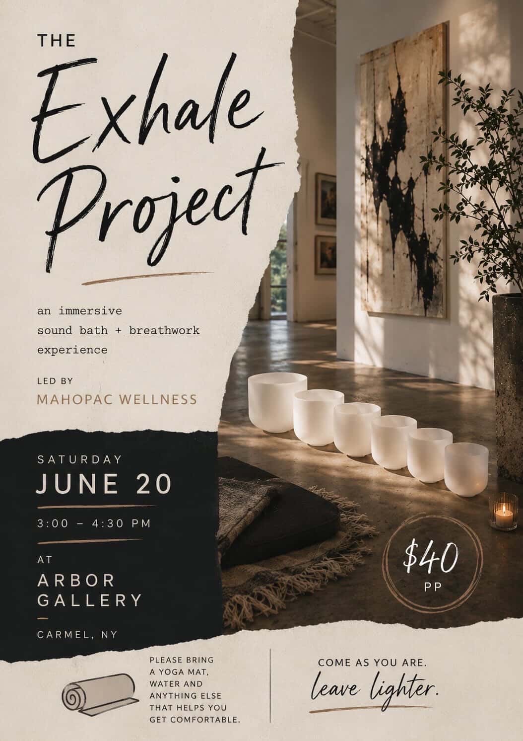 The Exhale Project Sound Bath Breathwork experience is a workshop for relaxation at Arbor Gallery in Carmel Ny led by Mahopac Wellness.