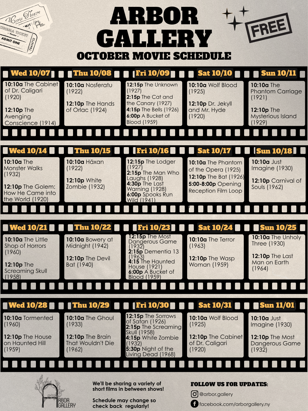 Schedule of classic horror, sci fi, thriller, silent films played all month at Arbor Gallery.